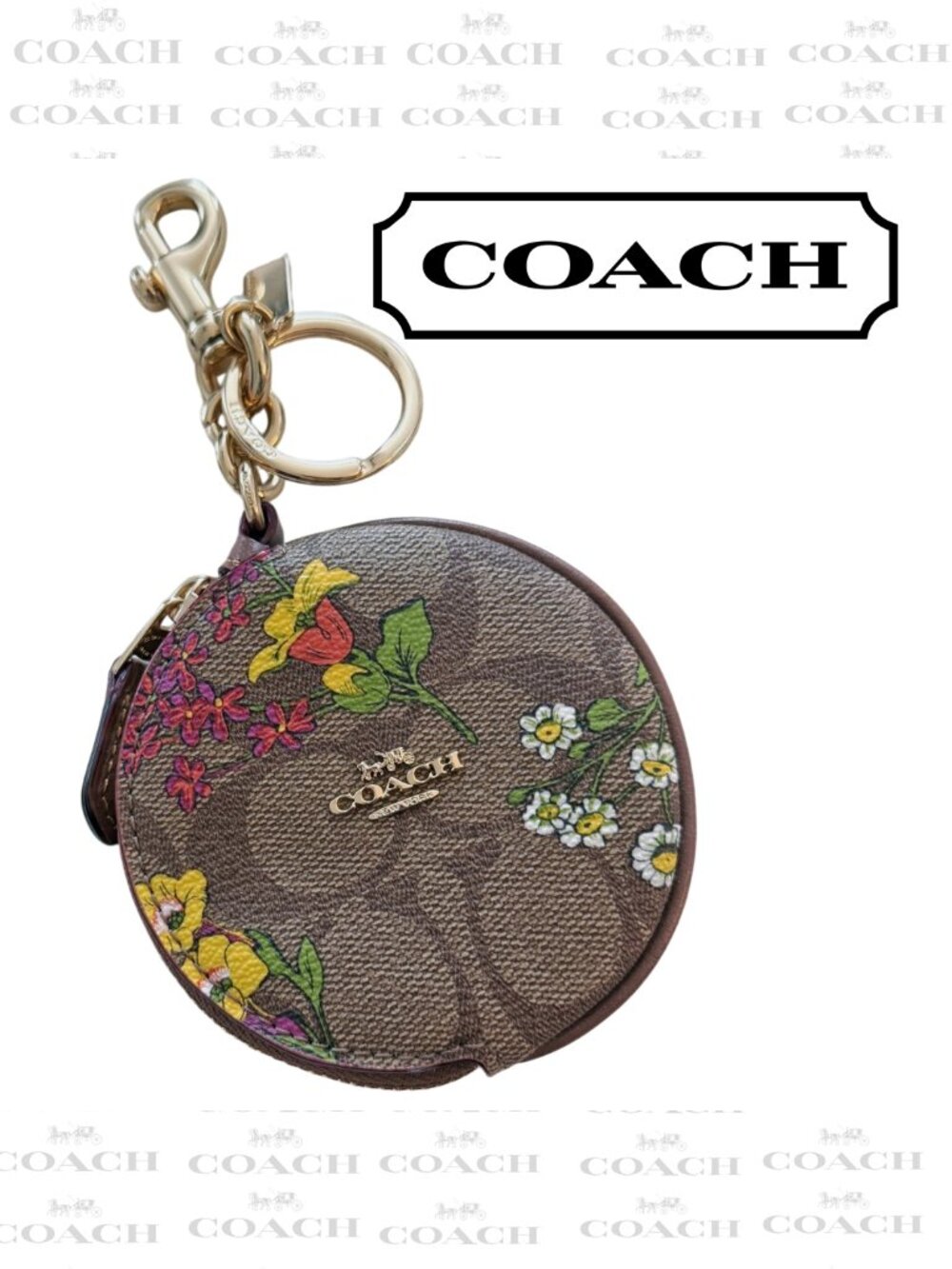 Coach CR501 Floral Signature Canvas Circular Coin Pouch & Bag Charm